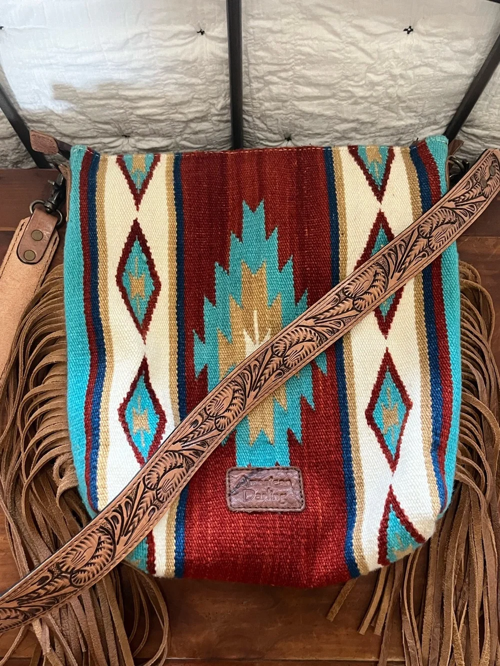 American Darling Southwestern Saddle Blanket Leather Fringe Crossbody Bag